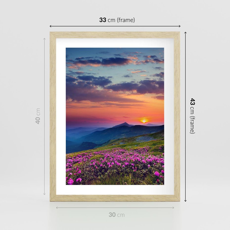 Plakat w ramie 30x40 - Górski Zachód - góry, łąka - rama drewno