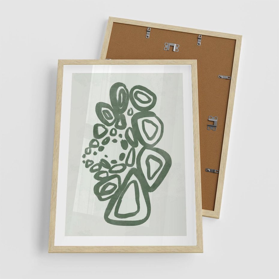 Plakat w ramie 50x70 - Migotliwe Widzenia Zieleni - zielona abstrakcja, zgaszona zieleń - rama drewno