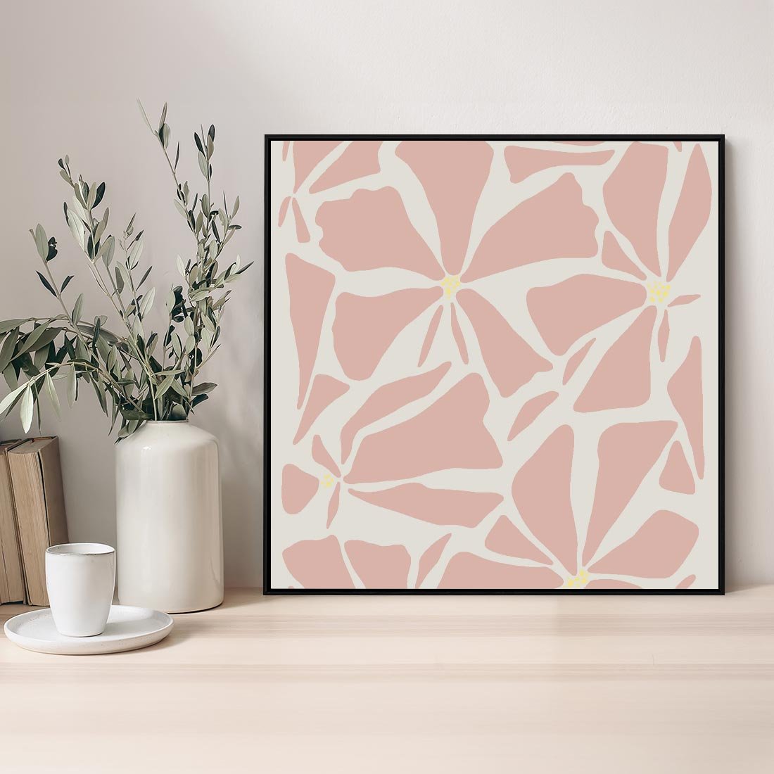 Obraz w ramie 50x50 - Akwarelowe Promienie - abstrakcyjne boho kwiaty, kompozycja - rama czarna