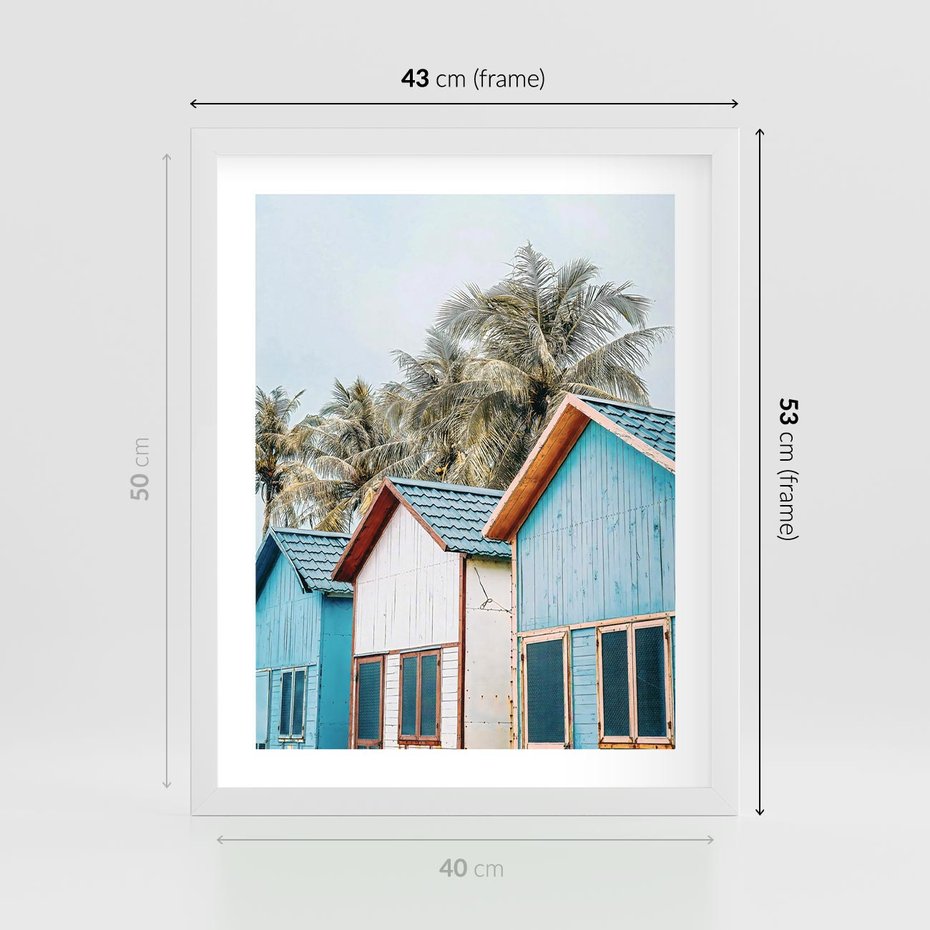 Plakat w ramie 40x50 - Rajskie Wakacje - domki na plaży, błękitne domki - rama biała