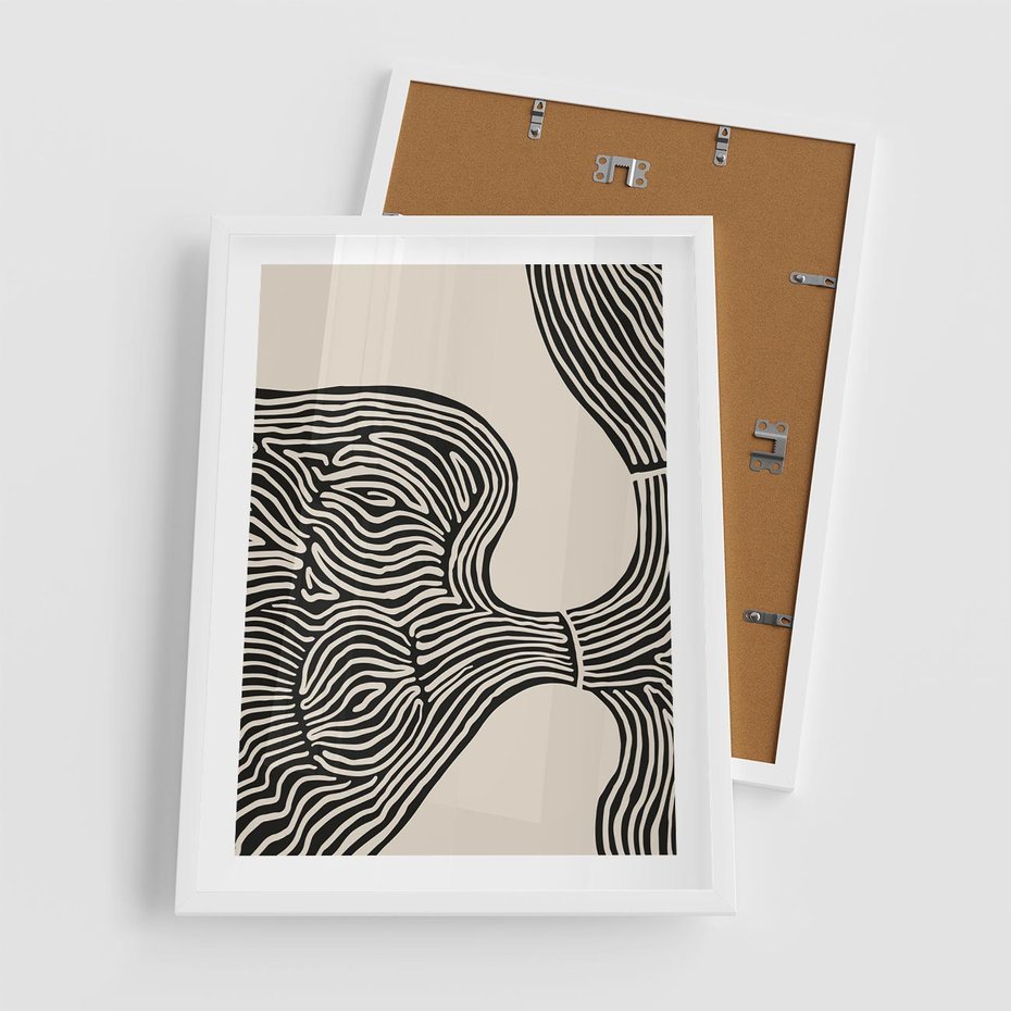 Plakat w ramie 50x70 - Harmonijne Kształty - abstrakcyjne ryciny, czarno biały - rama biała