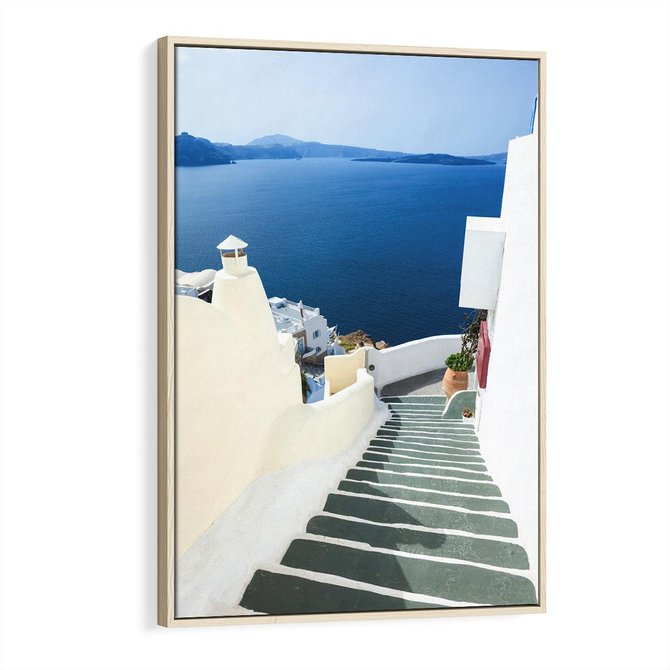 Obraz w ramie 50x70 - Malowniczy urok wyspy - Santorini, schodki - rama drewno