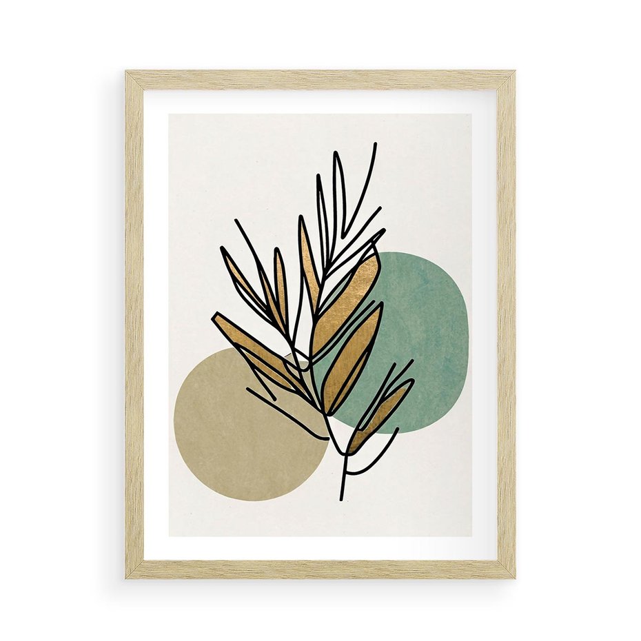 Plakat w ramie 50x70 - Migocące Ścieżki Wizji - abstrakcyjny obraz boho, liście - rama drewno