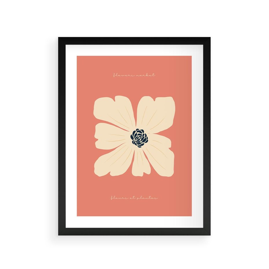 Plakat w ramie 30x40 - Malowane Kolorowe Echa - minimalistyczna grafika, biały kwiat na różowym tle - rama czarna
