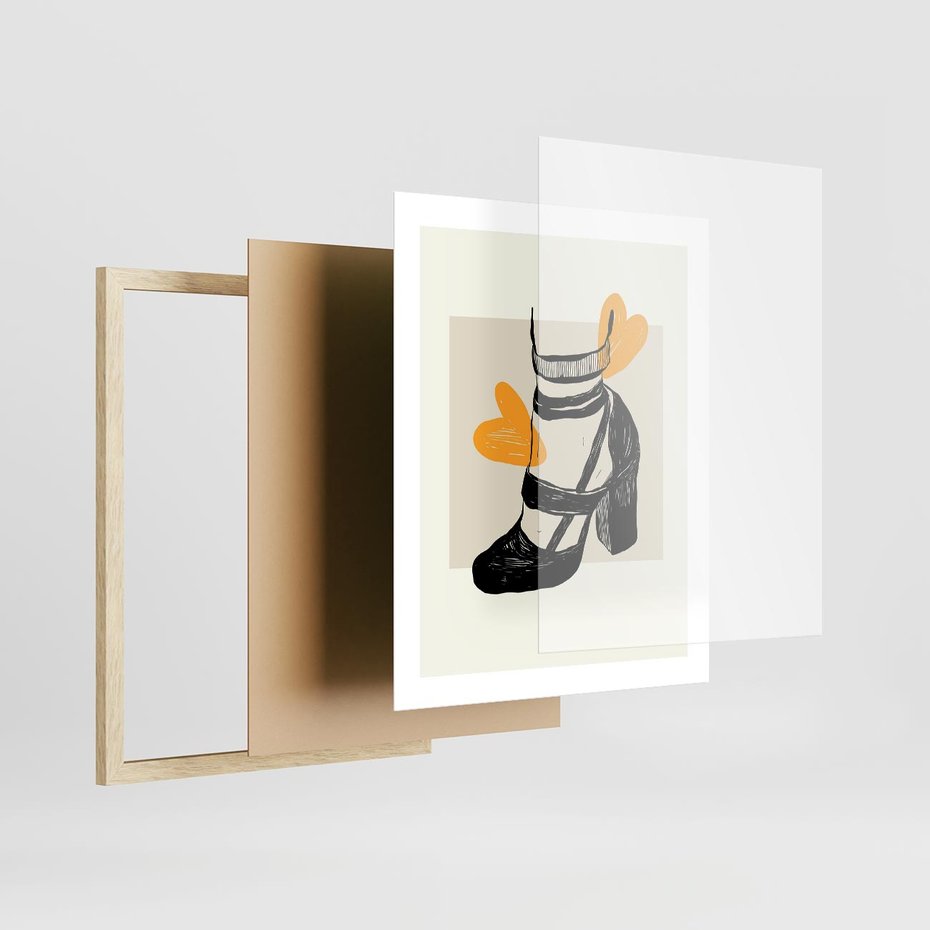 Plakat w ramie 40x50 - Elegancja w Szkicu: Stopa w Bucie na Obcasie - grafika, czarny szkic - rama drewno