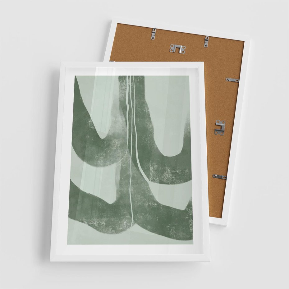 Plakat w ramie 50x70 - Nurtująca Kompozycja Zieleni - abstrakcyjne delikatne zielone linie, podobne do gałęzi kwiatów - rama biała