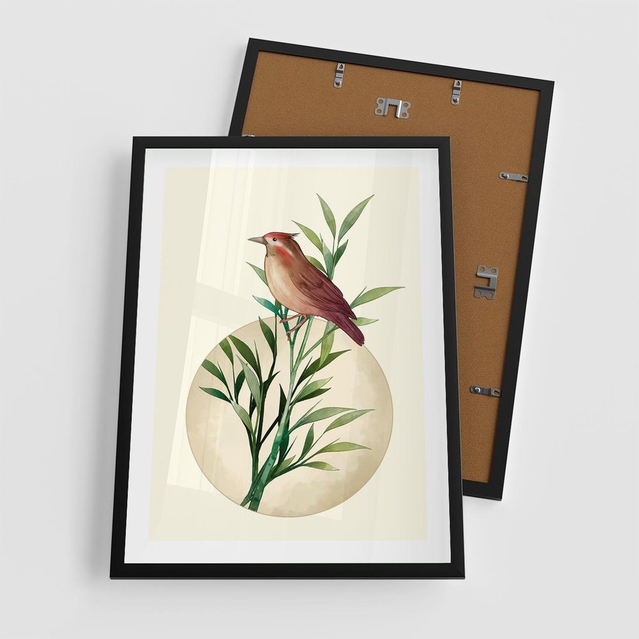 Plakat w ramie 50x70 - Rozkwitająca Delikatność - japońska sztuka, ptak - rama czarna