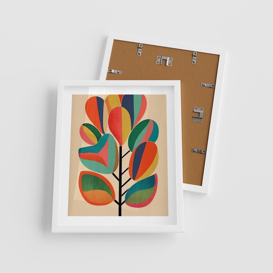 Plakat w ramie 40x50 - Wnętrza Kształtów - abstrakcyjny kolorowy tęczowy obraz, inspiracje roślinne - rama biała