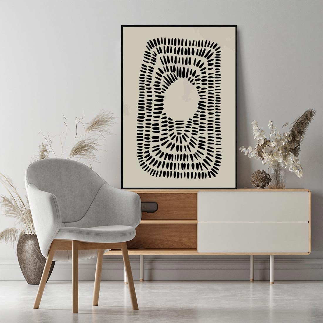 Obraz w ramie 70x100 - Zaklęte Wnętrza - boho plakat, czarne kropki kreski - rama czarna