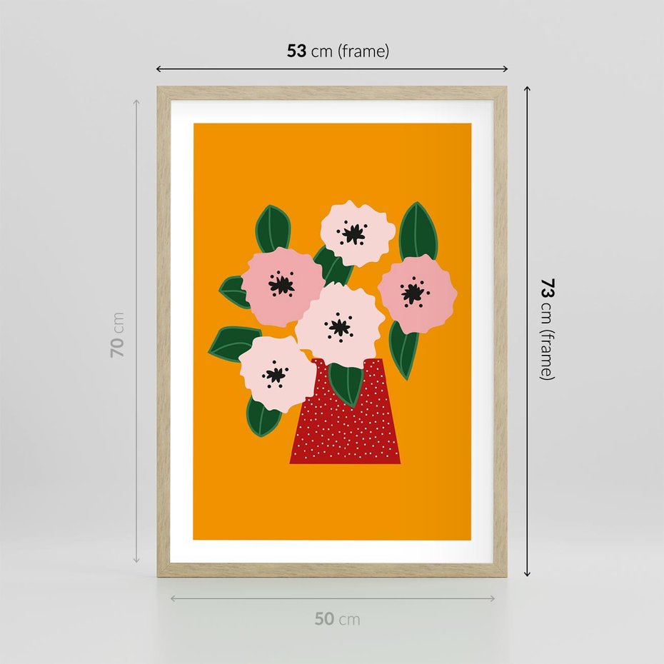 Plakat w ramie 50x70 - Harmonijne Granice - abstrakcyjne kwiaty, żółte tło - rama drewno