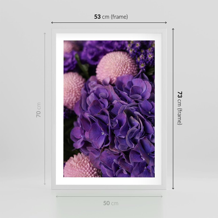 Plakat w ramie 50x70 - Fioletowa hortensja - kwiaty, hortensja - rama biała
