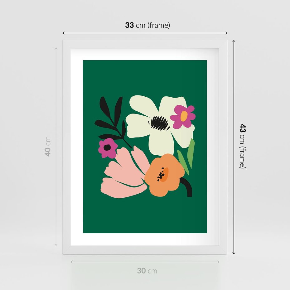 Plakat w ramie 30x40 - Rozbijające Echa - abstrakcyjne kwiaty, zielone tło - rama biała