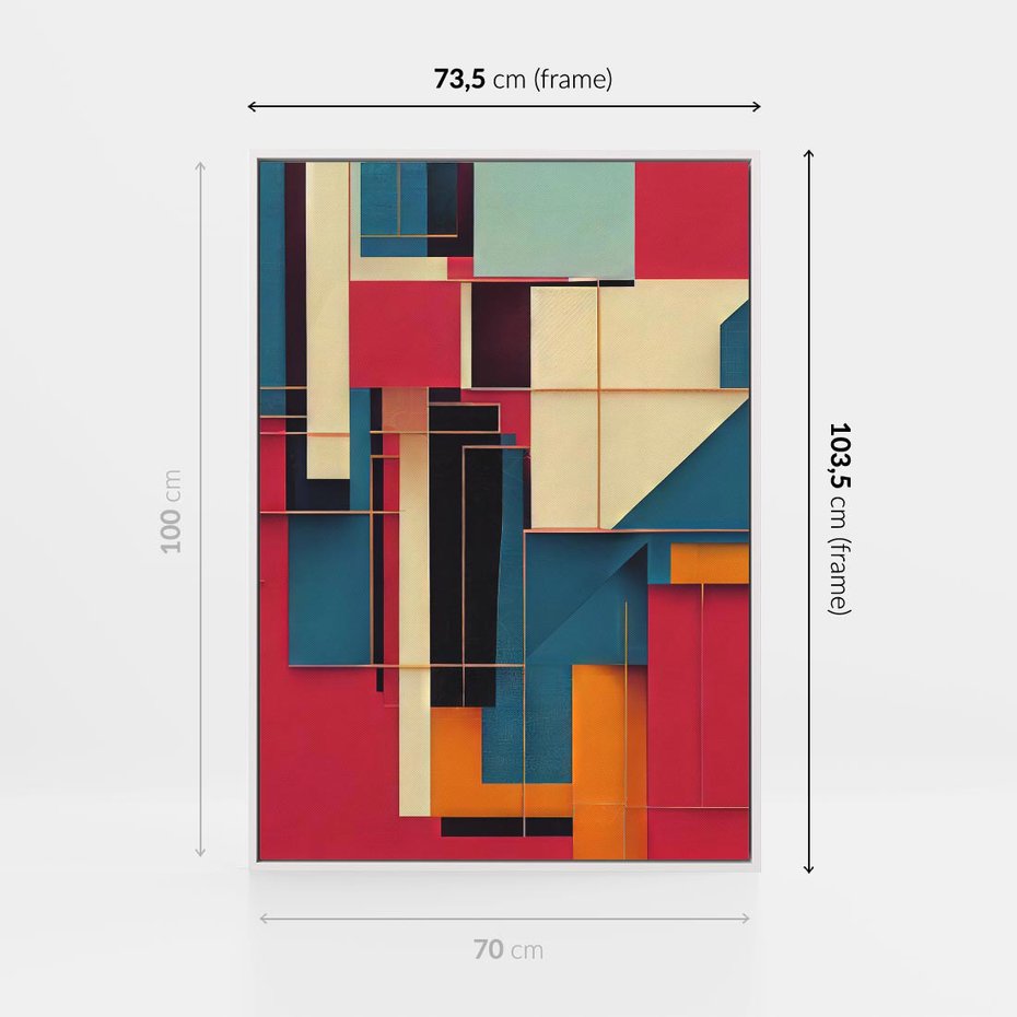 Obraz w ramie 70x100 - Przejście przez labirynt myśli - kolorowa abstrakcja, instalacja z prostokątów i lini - rama biała