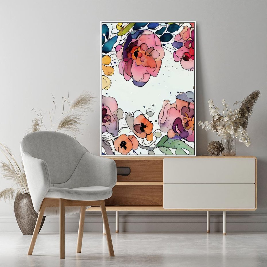 Obraz w ramie 50x70 - Rozkwitające marzenia - akwarelowe kwiaty, kolory - rama biała