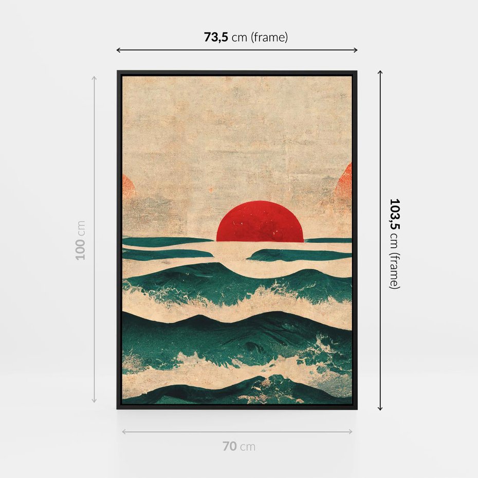 Obraz w ramie 70x100 - Czerwone Melodie - japońska sztuka, zachód słońca nad oceanem - rama czarna