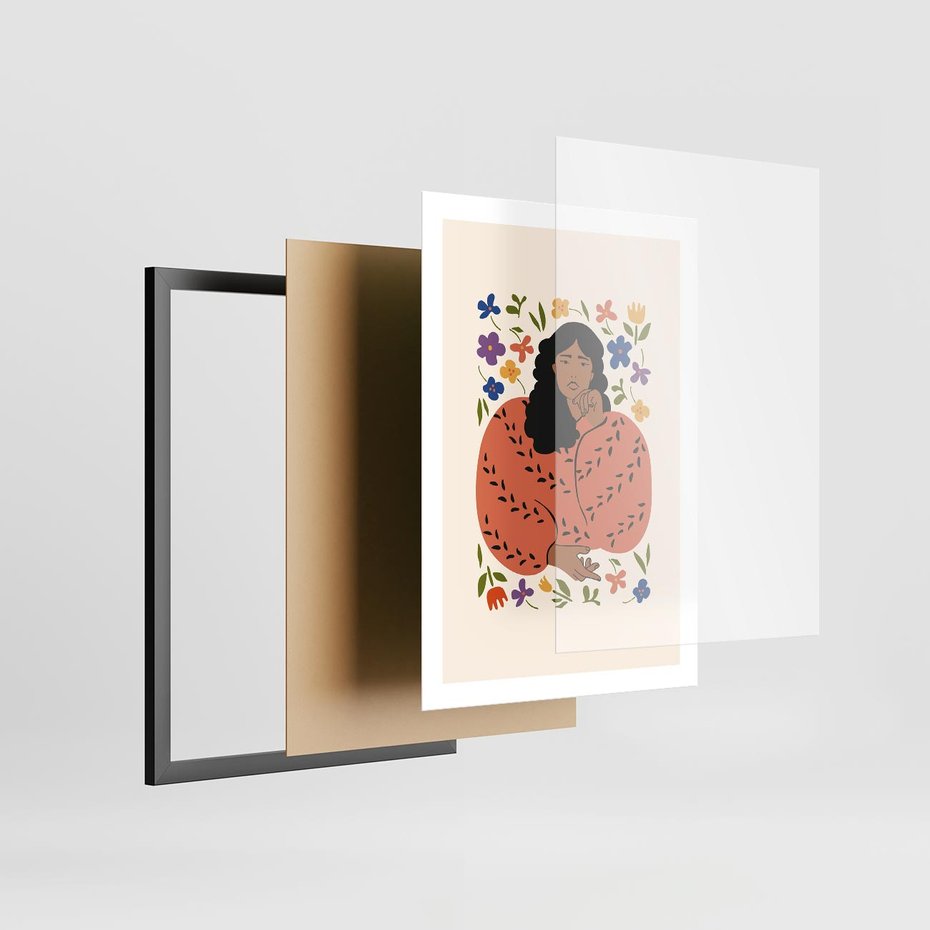 Plakat w ramie 50x70 - Rozplątane Emocje - nowoczesny plakat, kobieta otoczona kwiatami - rama czarna