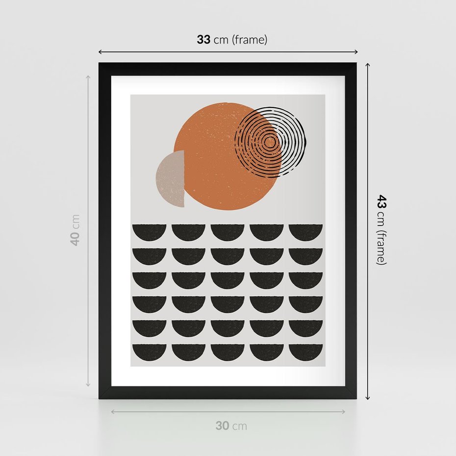 Plakat w ramie 30x40 - Geometryczna Ekspresja - geometryczny graficzny obraz, pomarańczowe koło - rama czarna