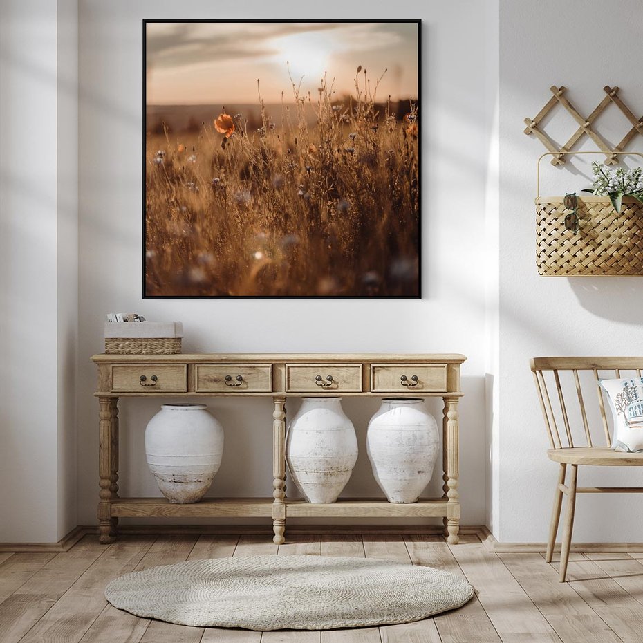 Obraz w ramie 50x50 - Zachwyt zachodem słońca na łące - zachód, słońca - rama czarna