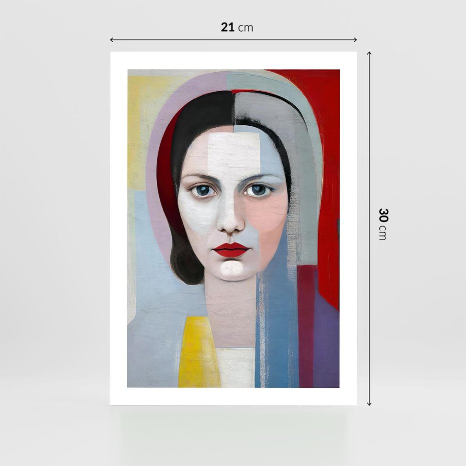 Plakat bez ramy 21x30 - Kolorowe Granice Form - abstrakcyjny obraz olejny, portret twarzy kobiety