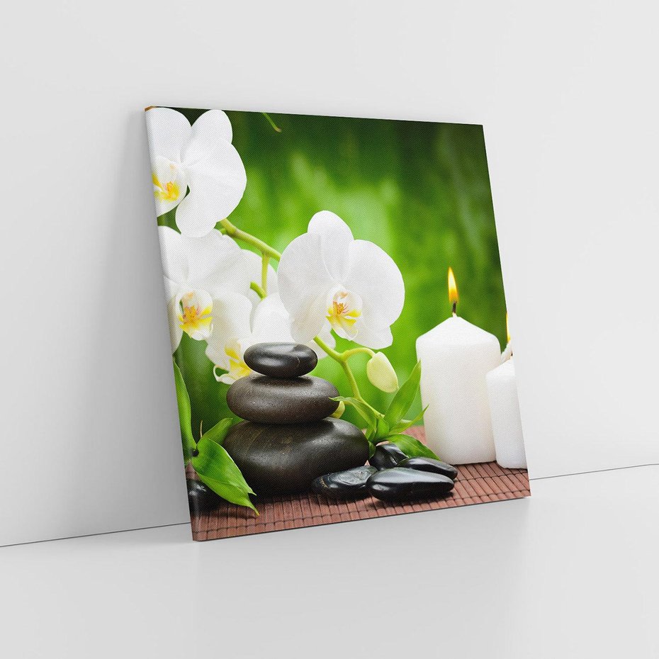 Obraz na płótnie 60x60 - Relaksacyjny SPA: masaż z kamieniami i kwiatami - SPA, masaż