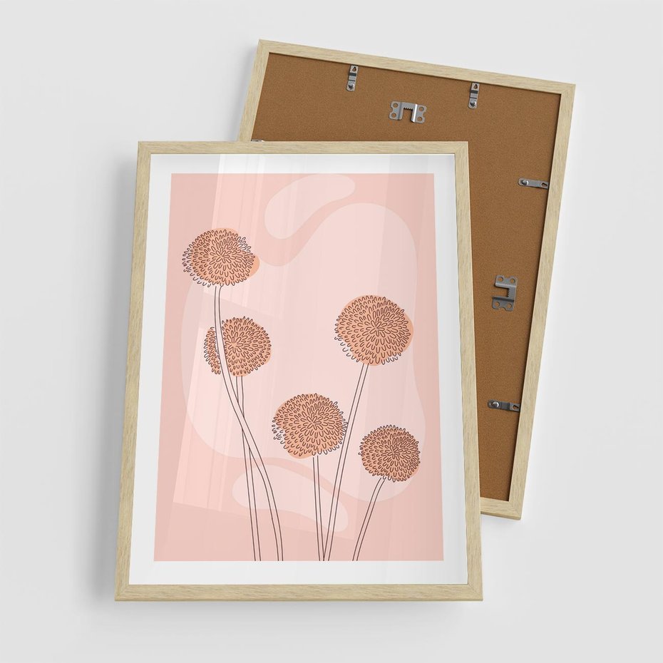 Plakat w ramie 50x70 - Rozkwitające Emocje - minimalistyczny plakat, pudrowe kwiaty - rama drewno