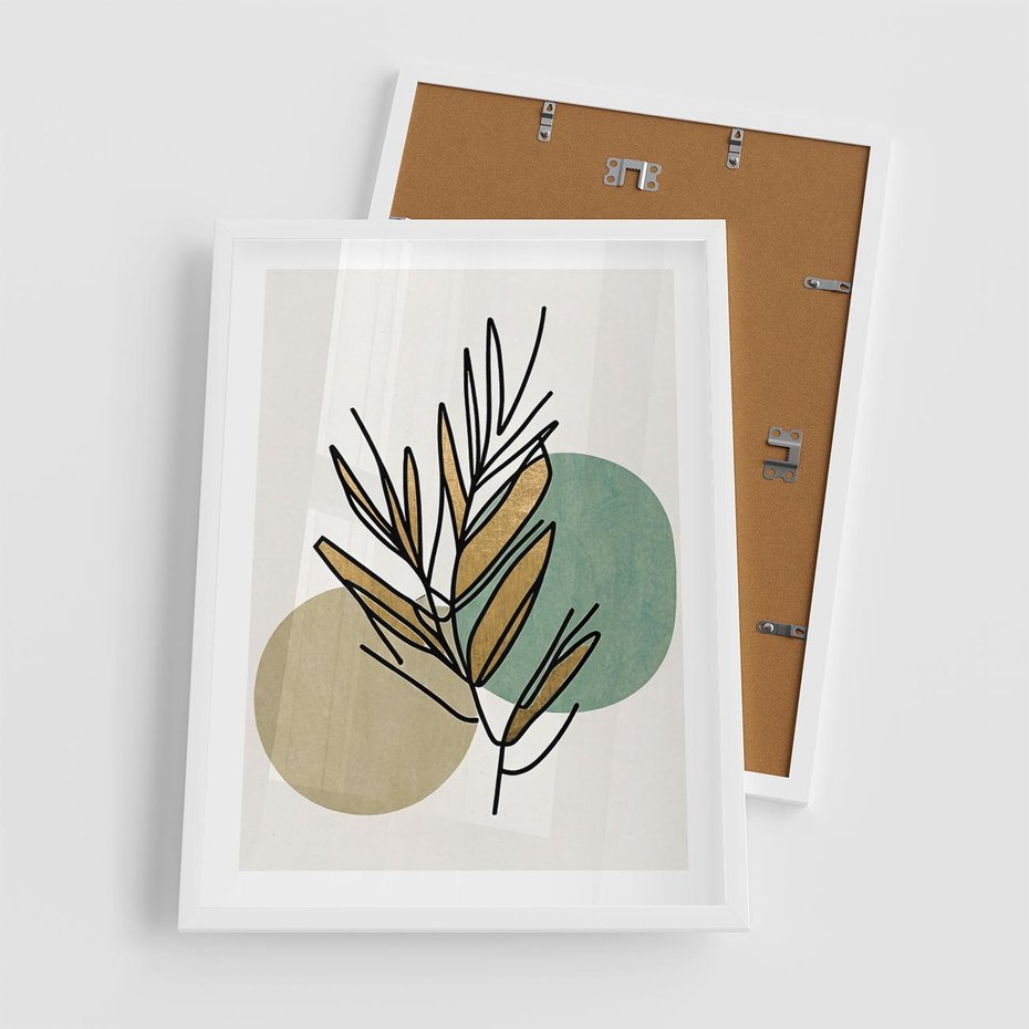 Plakat w ramie 50x70 - Migocące Ścieżki Wizji - abstrakcyjny obraz boho, liście - rama biała