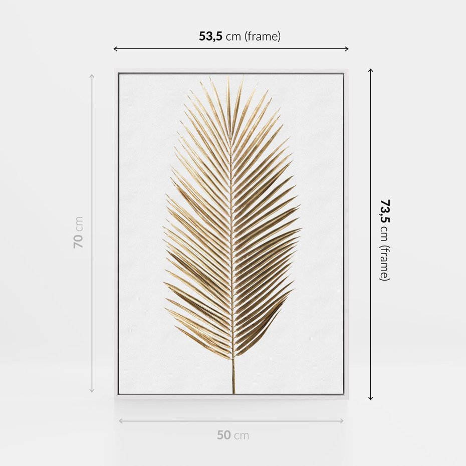 Obraz w ramie 50x70 - Złoty blask palmowego liścia - złota, palma - rama biała