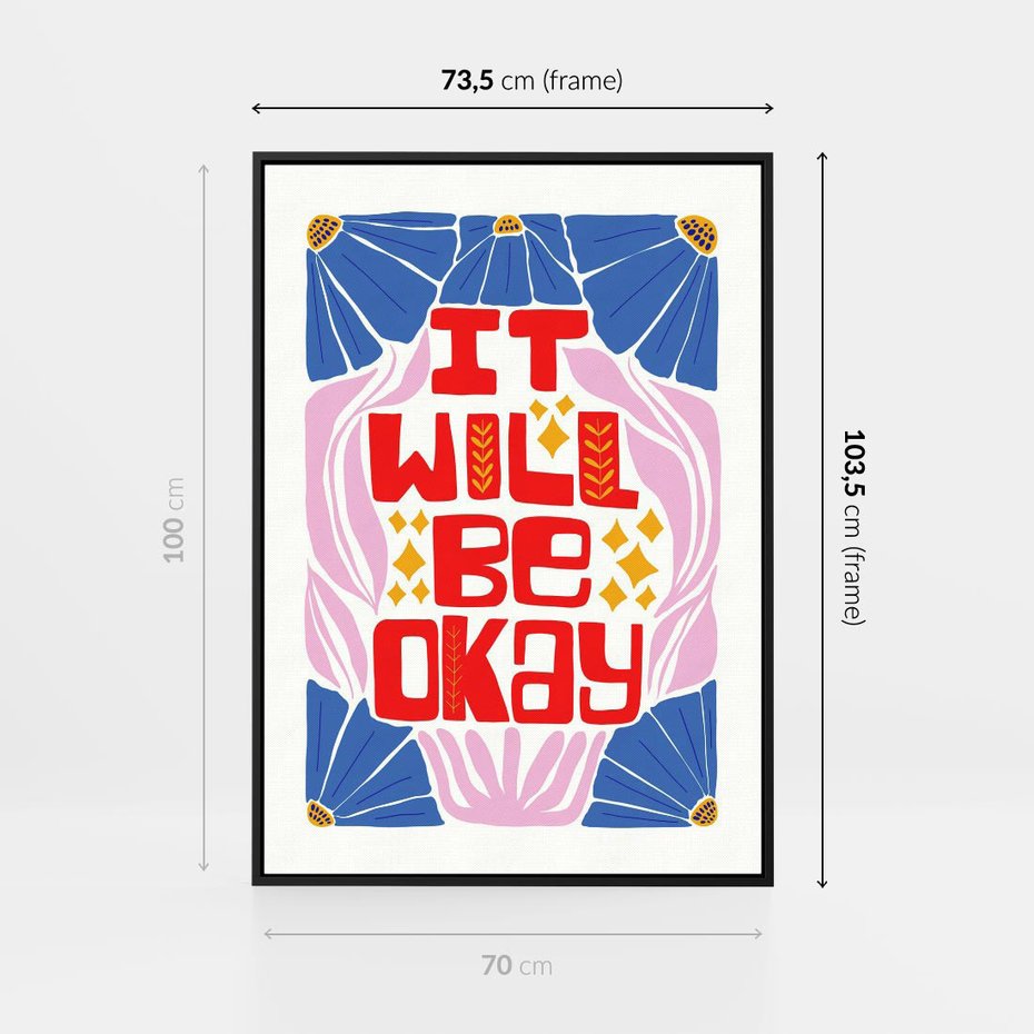 Obraz w ramie 70x100 - Kwiatowa Ekstaza - czerwona pozytywna typografia, kwiatowa kompozycja - rama czarna