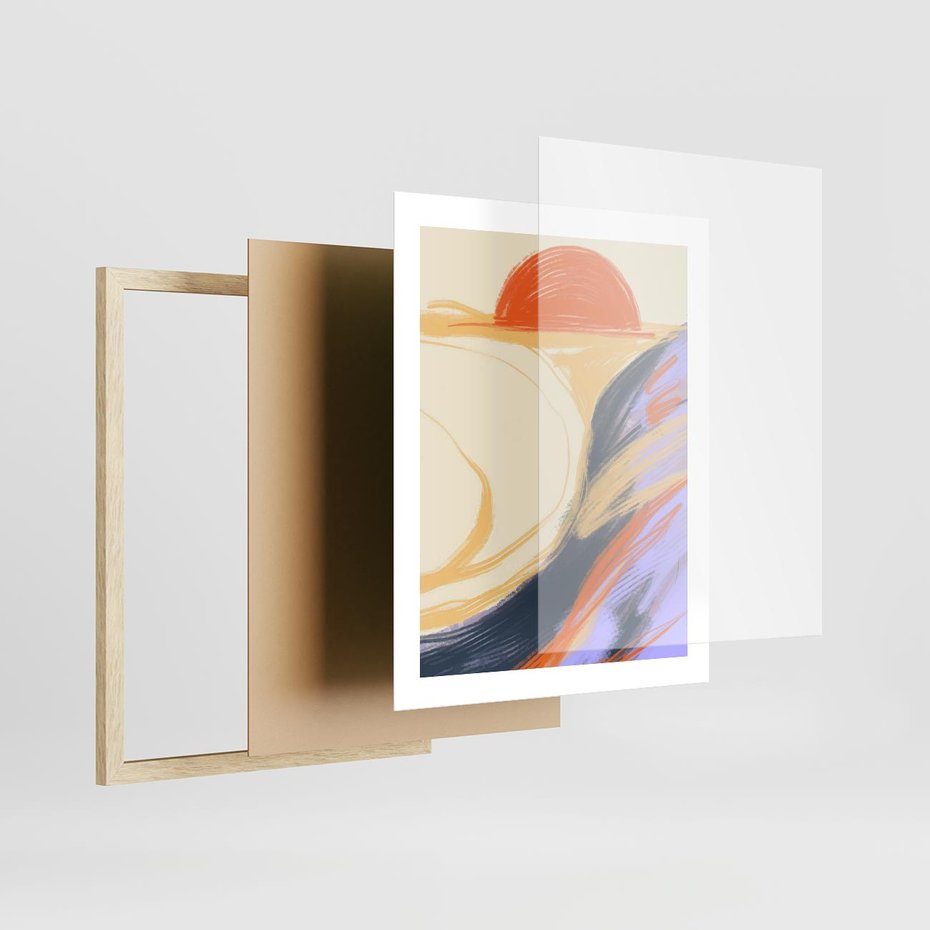 Plakat w ramie 40x50 - Pomarańczowy Horyzont - pastelowy krajobraz, nowoczesny plakat - rama drewno