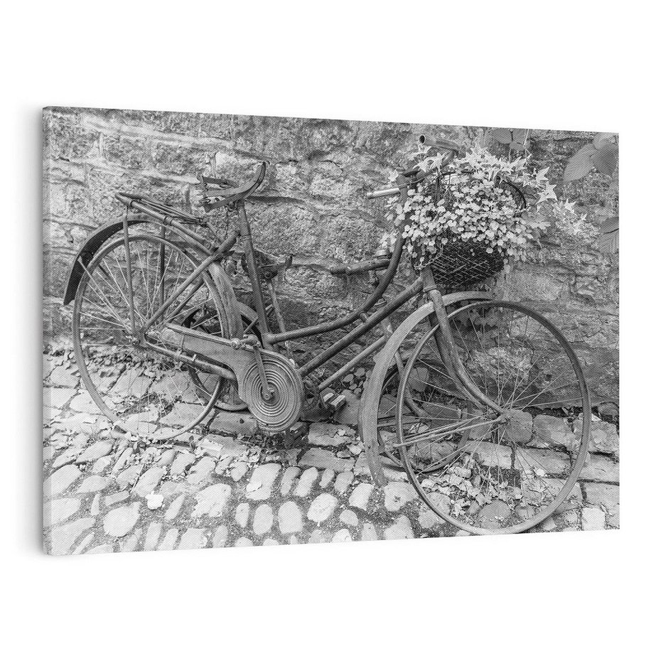 Obraz na płótnie 120x80 - Zapomniany Urok - czarno biała fotografia, stary rower oparty o mur
