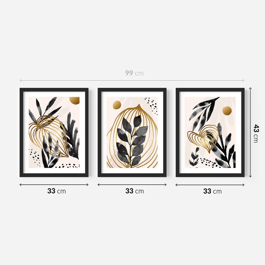 Zestaw obrazy w ramie 30x40 galeria - Złoto, liście, akwarele - rama czarna
