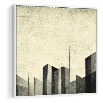 Obraz w ramie 50x50 - Mroczne Wieżowce - postarzana grafika, perspektywa budynków wieżowców - rama biała