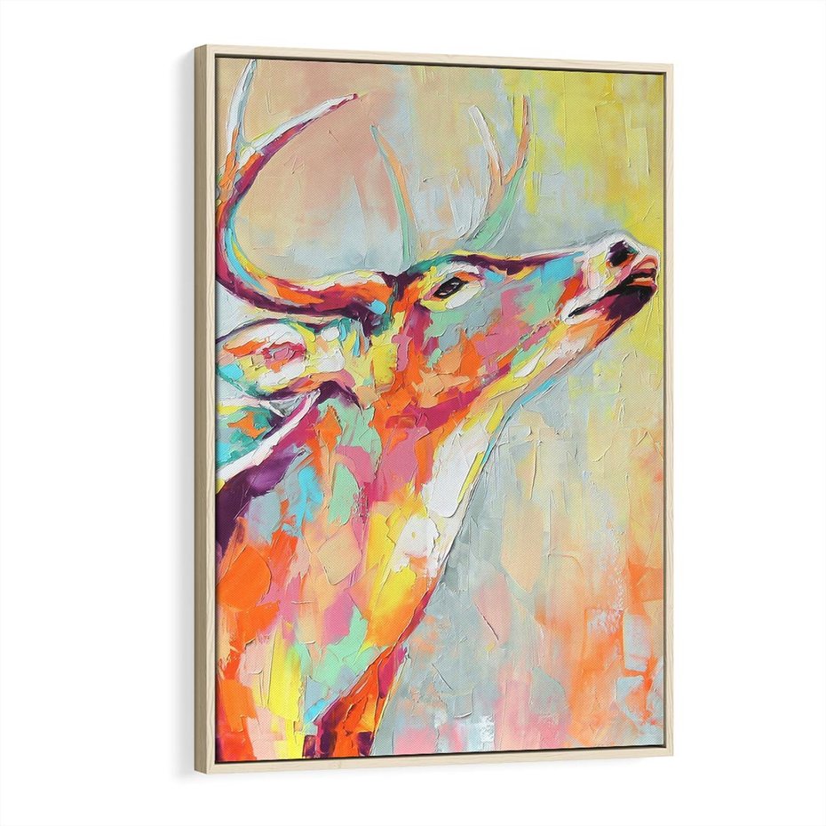 Obraz w ramie 70x100 - Impresje snów malarza - kolorowy olejny obraz, jeleń ryczący na rykowisku - rama drewno