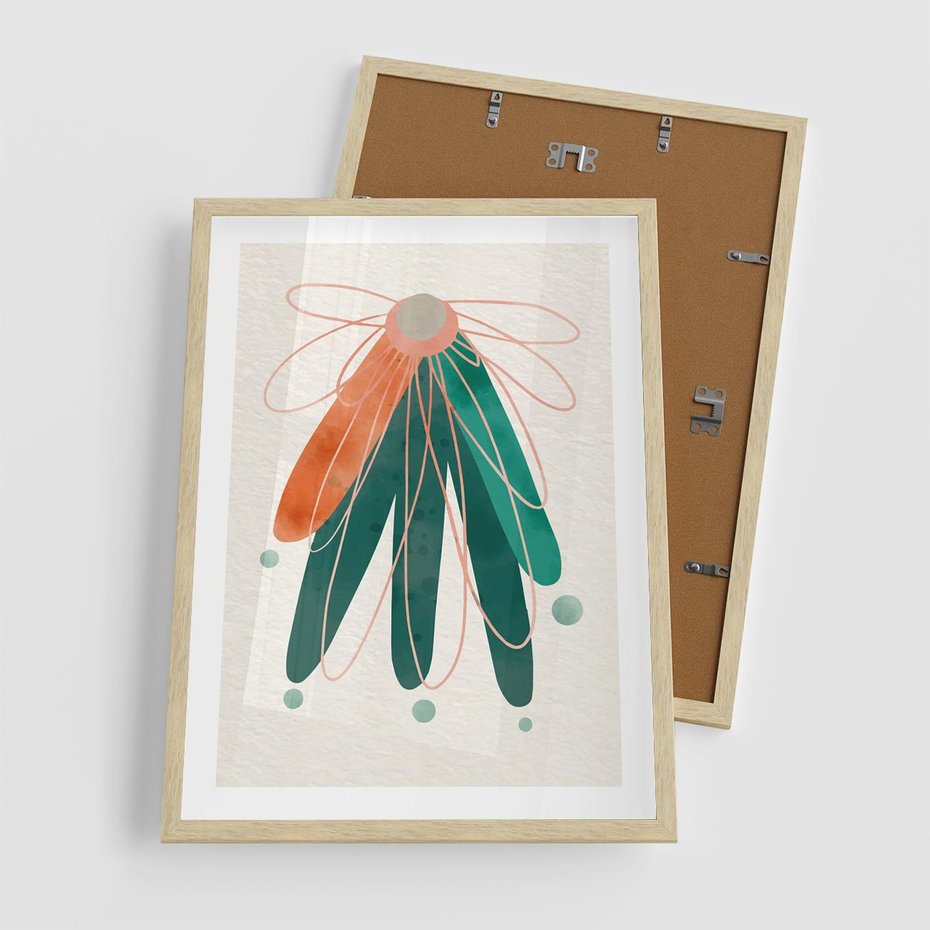 Plakat w ramie 50x70 - Energetyczna Harmonia Kwiatów - akwarelowe abstrakcyjne kształty, zieleń i pomarańcz - rama drewno