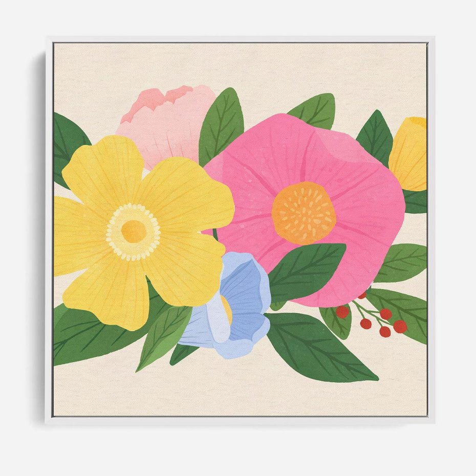 Obraz w ramie 50x50 - Kwiatowy Uśmiech - kwiaty, akwarela - rama biała