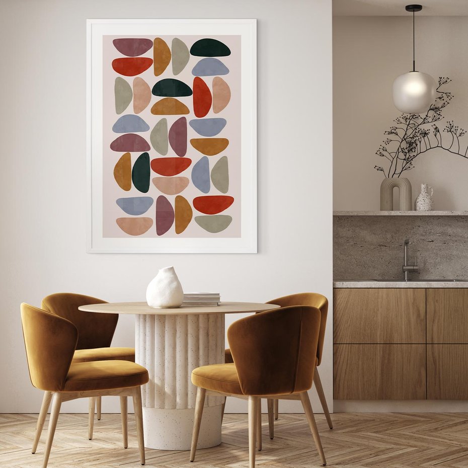 Plakat w ramie 30x40 - Kolorowe Echo Boho - abstrakcyjny obraz, geometryczna kompozycja - rama biała