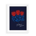 Plakat w ramie 50x70 - Podróżne Barwy - czerwone abstrakcyjne kwiaty, granatowe tło - rama biała