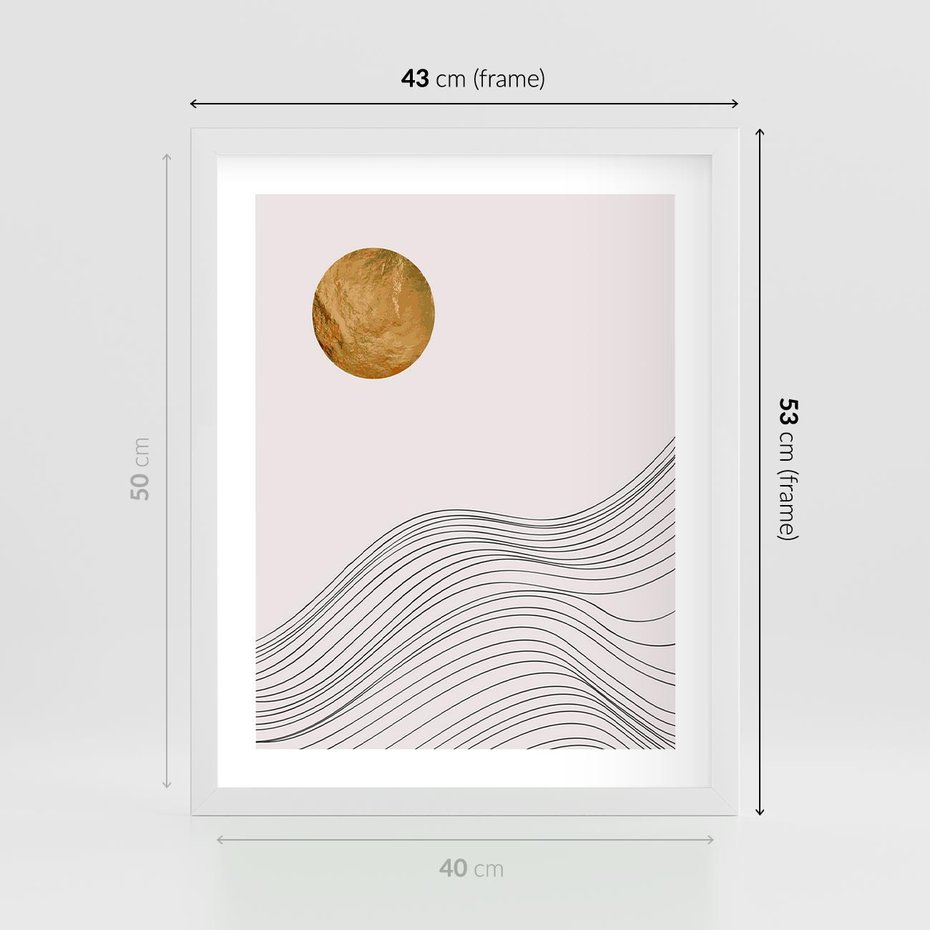 Plakat w ramie 40x50 - Minimalistyczne Słońce: Blask i Złoto - grafika, minimalizm - rama biała