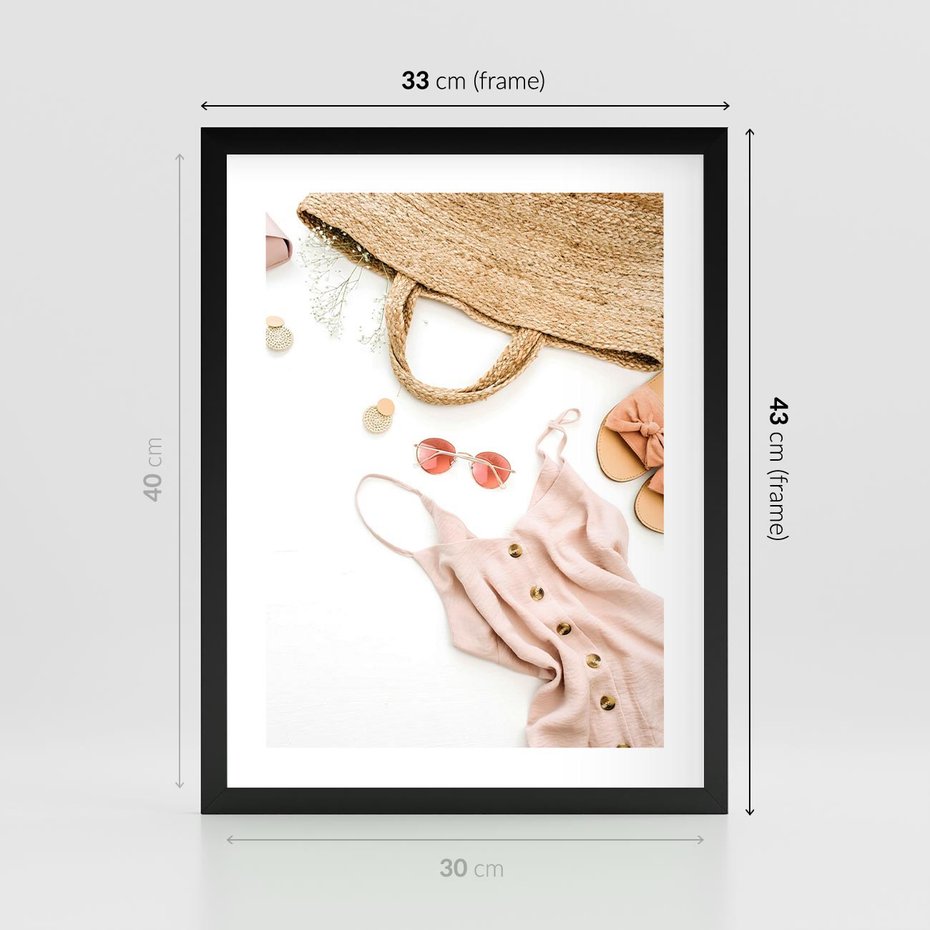 Plakat w ramie 30x40 - Moda na Plażę - kompozycja fashion, sukienka - rama czarna