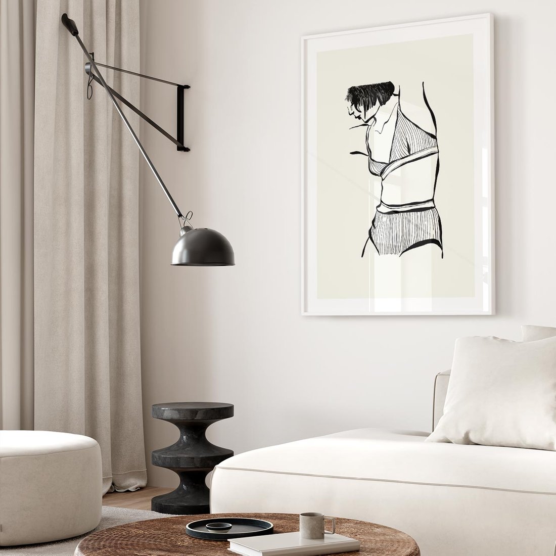 Plakat w ramie 50x70 - Minimalistyczny Urok - szkic, kobieta w bieliźnie - rama biała