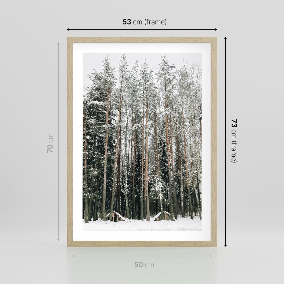 Plakat w ramie 50x70 - Sypiący Śnieg - las w zimie, drzewa pod śniegiem - rama drewno