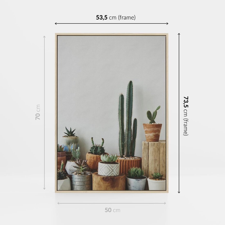 Obraz w ramie 50x70 - Naturalna Harmonia - kaktusy, liście - rama drewno