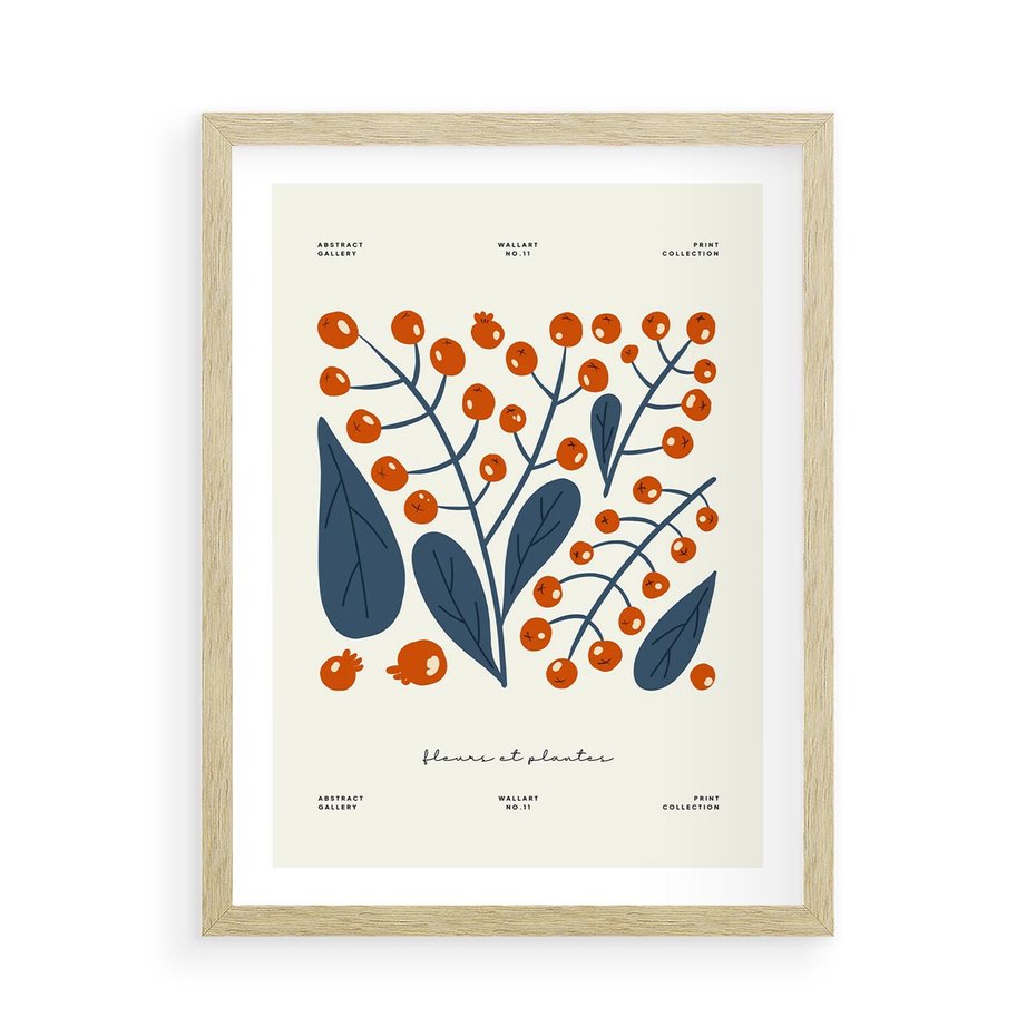 Plakat w ramie 50x70 - Minimalistyczna Uroda Jarzębin - jarzębiny, niebieskie liście - rama drewno