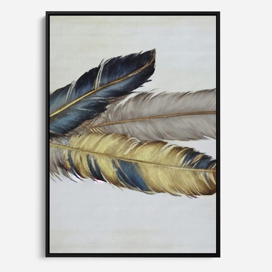 Obraz w ramie 70x100 - Granatowo-Złote Pióra - sztuka, granatowe i złote pióra - rama czarna