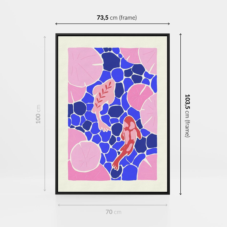 Obraz w ramie 70x100 - Rzeka Abstrakcji - abstrakcyjna kompozycja, różowe ryby wśród rafy - rama czarna