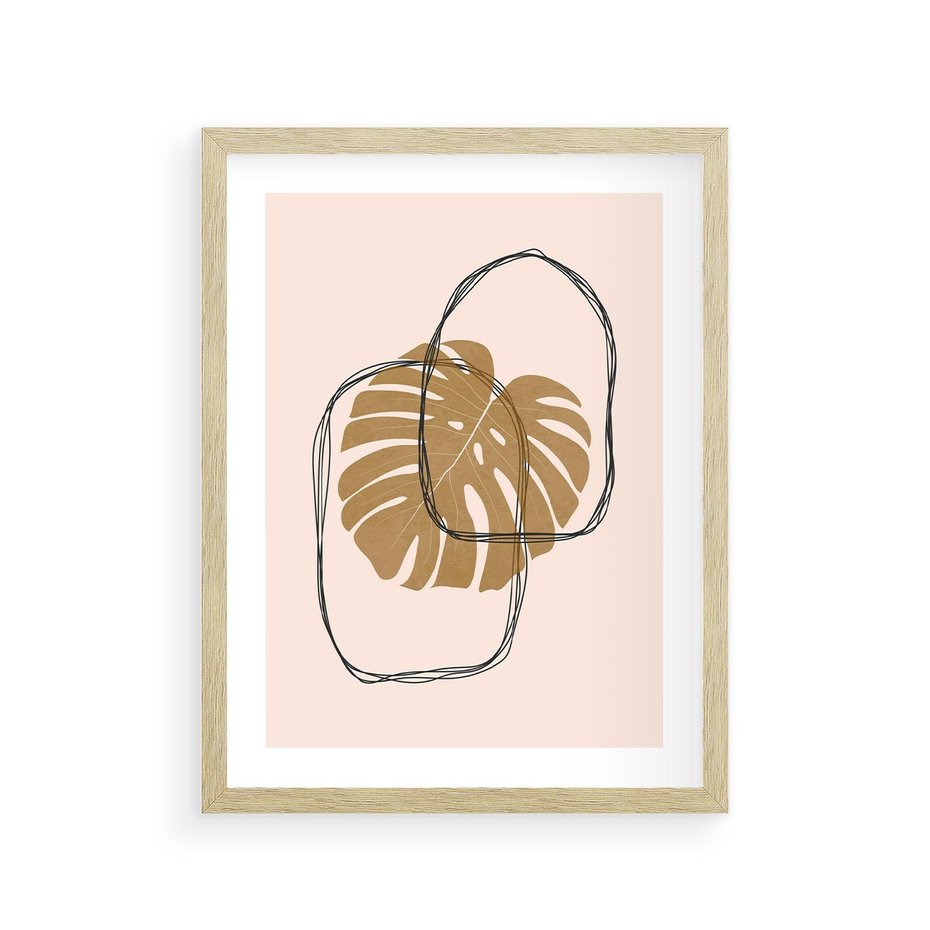 Plakat w ramie 30x40 - Liście w Beżowym Minimalizmie - minimalistyczny obraz, liście monstery - rama drewno