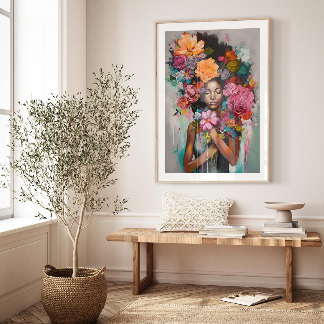 Plakat w ramie 40x50 - Z Głową w Kwiatach - obraz olejny, sztuka nowoczesna - rama drewno