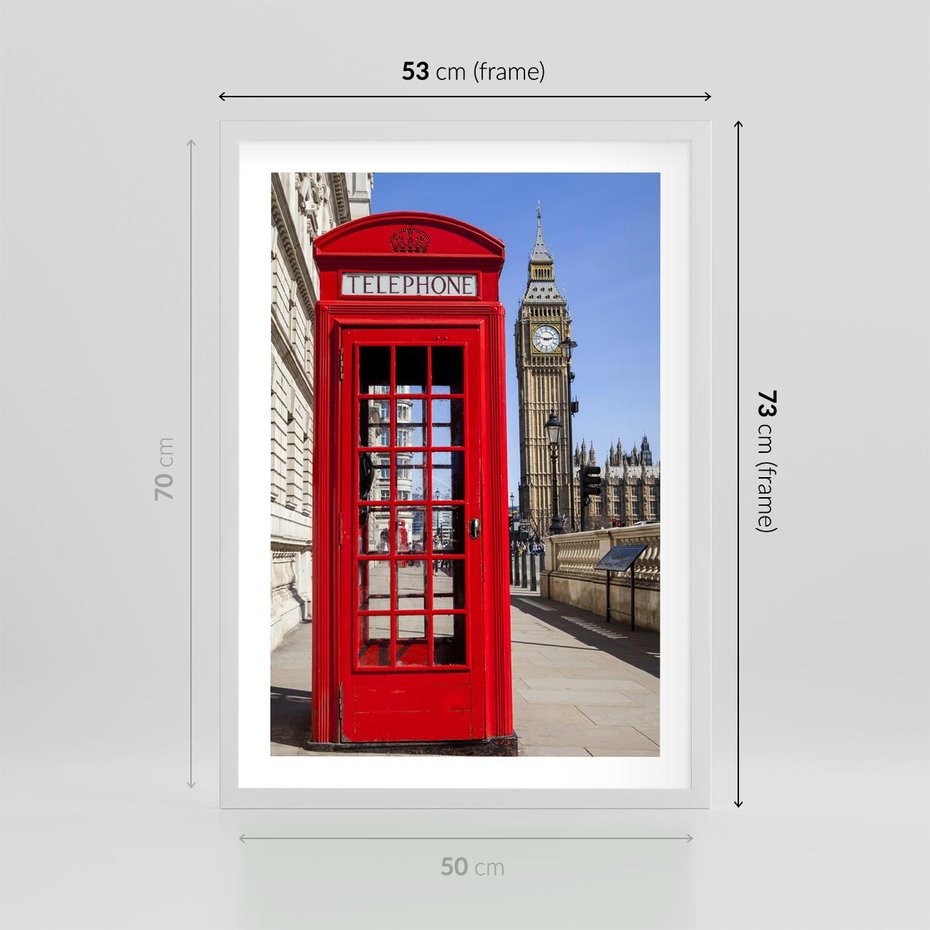 Plakat w ramie 50x70 - Ikoniczna budka telefoniczna w Londynie - budka, telefoniczna - rama biała