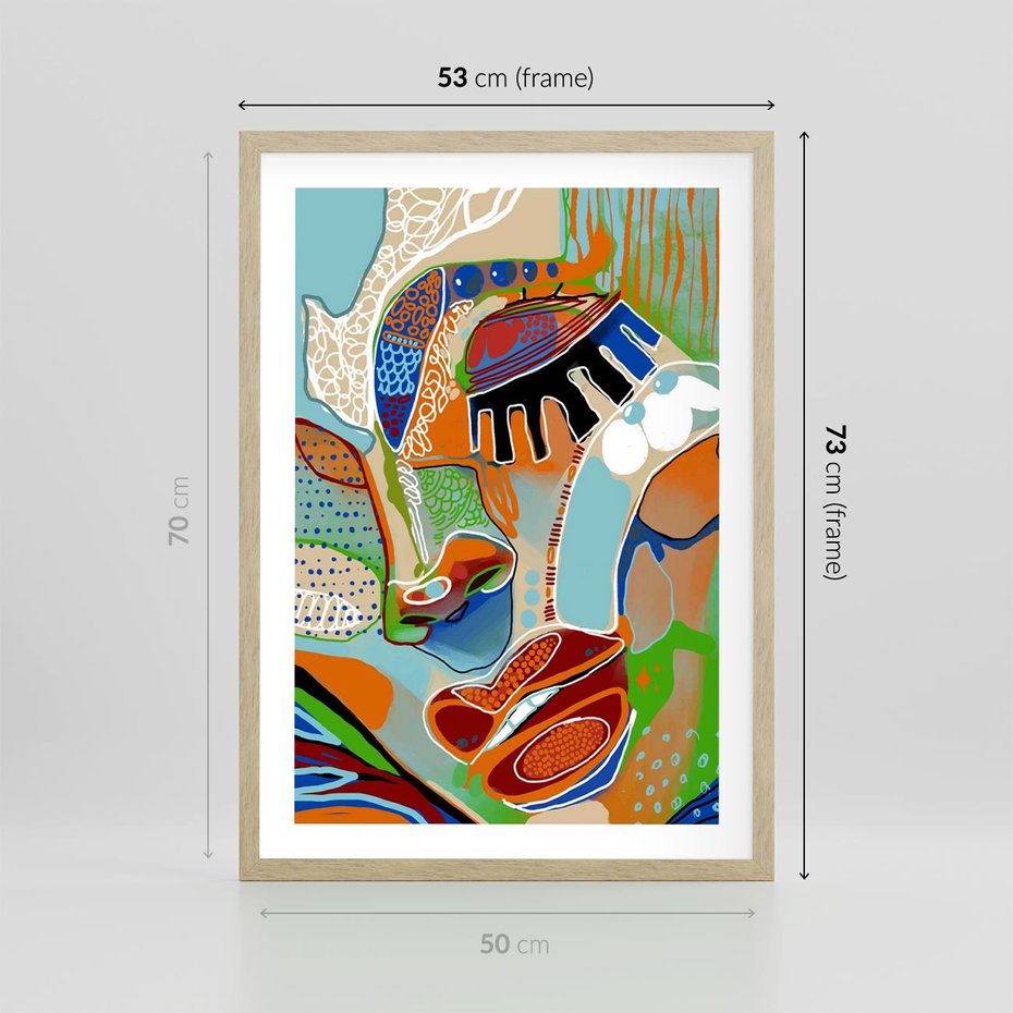 Plakat w ramie 50x70 - Wibracje Kształtów - abstrakcyjny portret kobiety, twarz - rama drewno