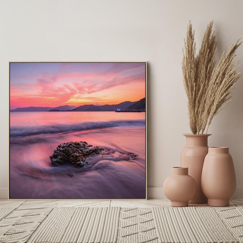 Obraz w ramie 50x50 - Zaklęty Zachód - magiczny zachód słońca, fioletowe - rama drewno